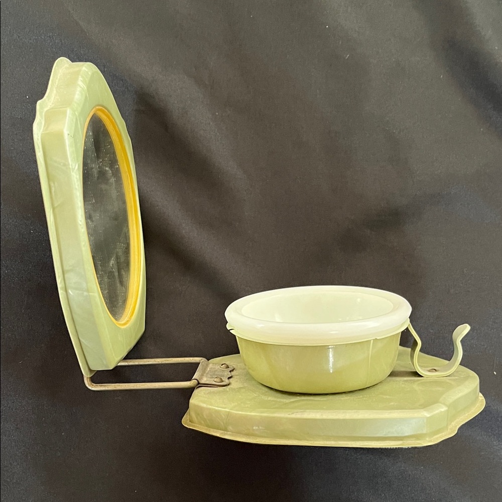 Vtg VANITY Green Celluloid Folding Travel Shaving Mirror W/Milk Glass Bowl *READ